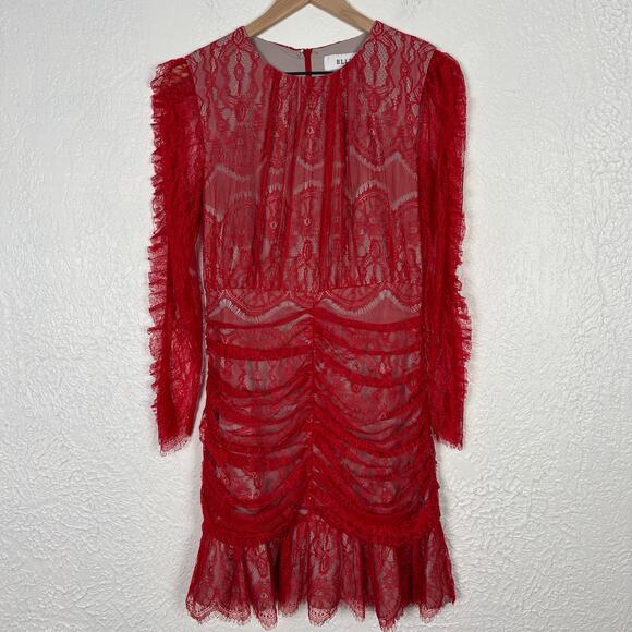 Elliatt Ruched Lace Long Sleeve Mini Dress Red Romantic Size Small - Picture 3 of 6